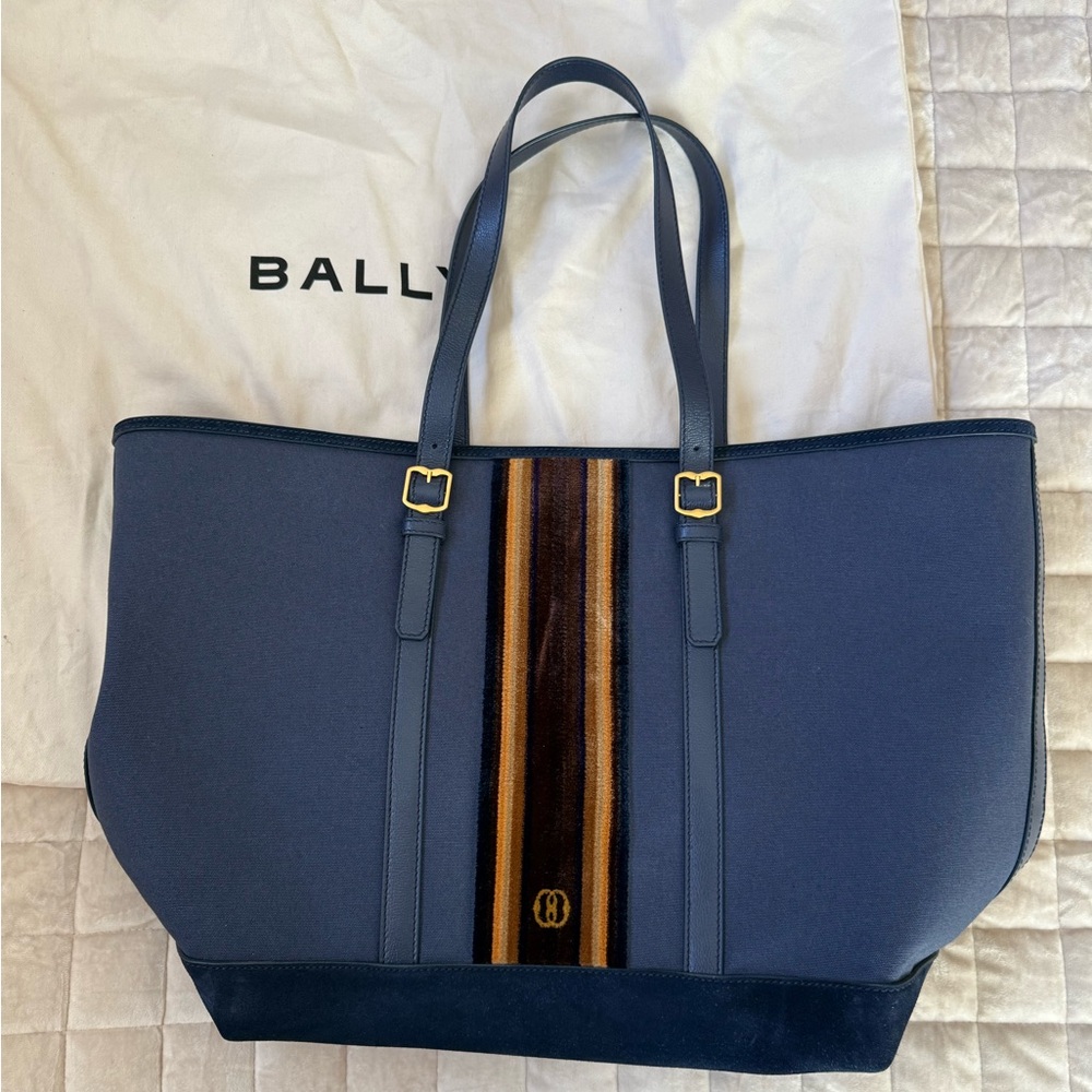 Bally Navy Tote with Striped Accent